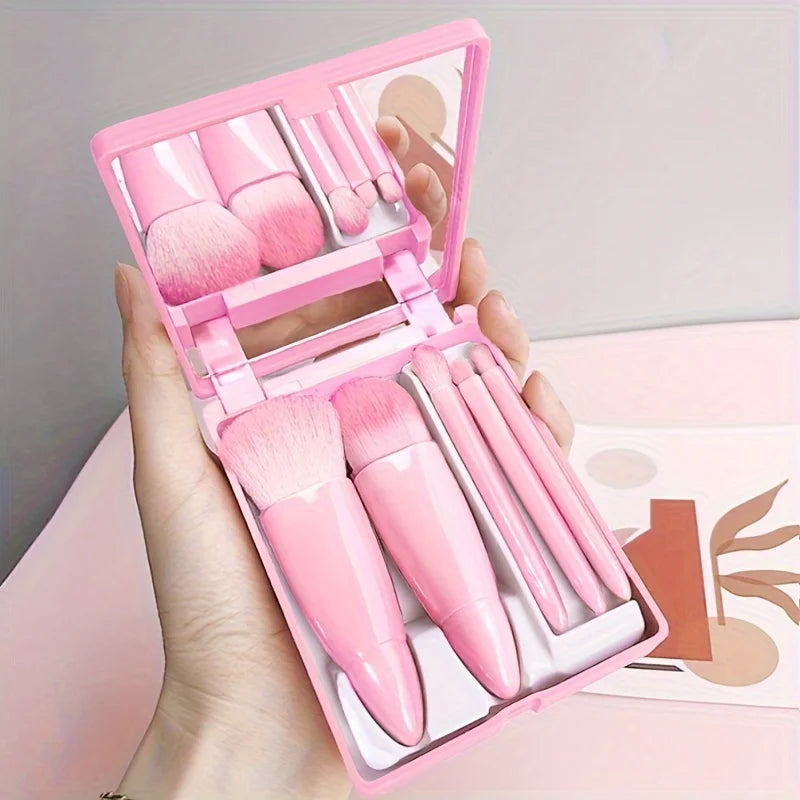 5Pcs Portable Makeup Brushq Set With Mirror -  Foldable Travel Kit ，Mini Makeup Brush Set Travel Makeup Brush Set