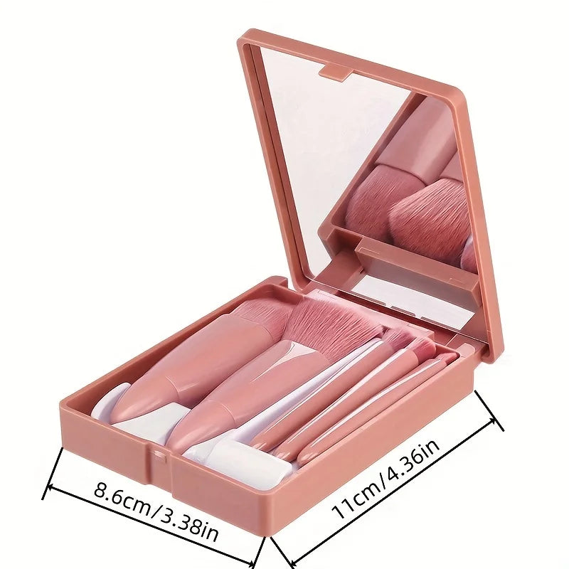 5Pcs Portable Makeup Brushq Set With Mirror -  Foldable Travel Kit ，Mini Makeup Brush Set Travel Makeup Brush Set