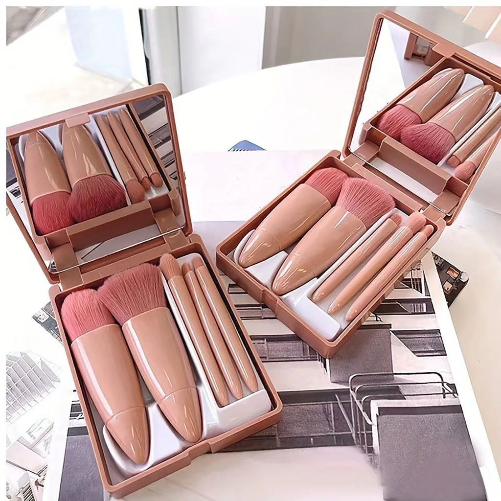 5Pcs Portable Makeup Brushq Set With Mirror -  Foldable Travel Kit ，Mini Makeup Brush Set Travel Makeup Brush Set