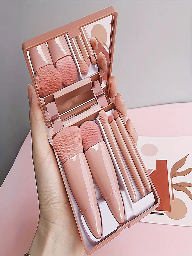 5Pcs Portable Makeup Brushq Set With Mirror -  Foldable Travel Kit ，Mini Makeup Brush Set Travel Makeup Brush Set